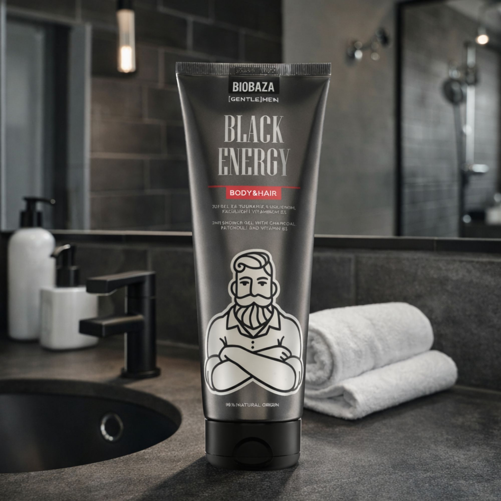 Schwarze Tube mit "BLACK ENERGY"-Aufdruck auf einer Badezimmerablage. Handtücher und Seifenspender im Hintergrund.