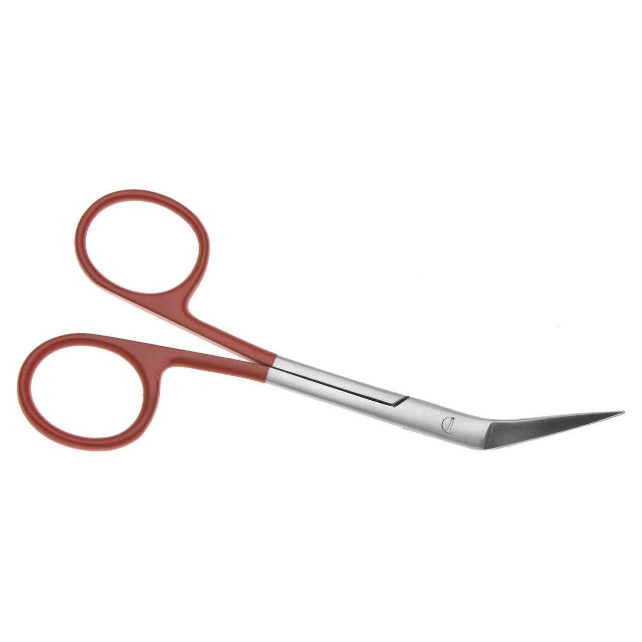 Nagelhautschere mit gebogener Spitze. Griffe rotbraun, Metallteil silberfarben. Geformte Griffe für Finger. Scharfe, gebogene Klingen.