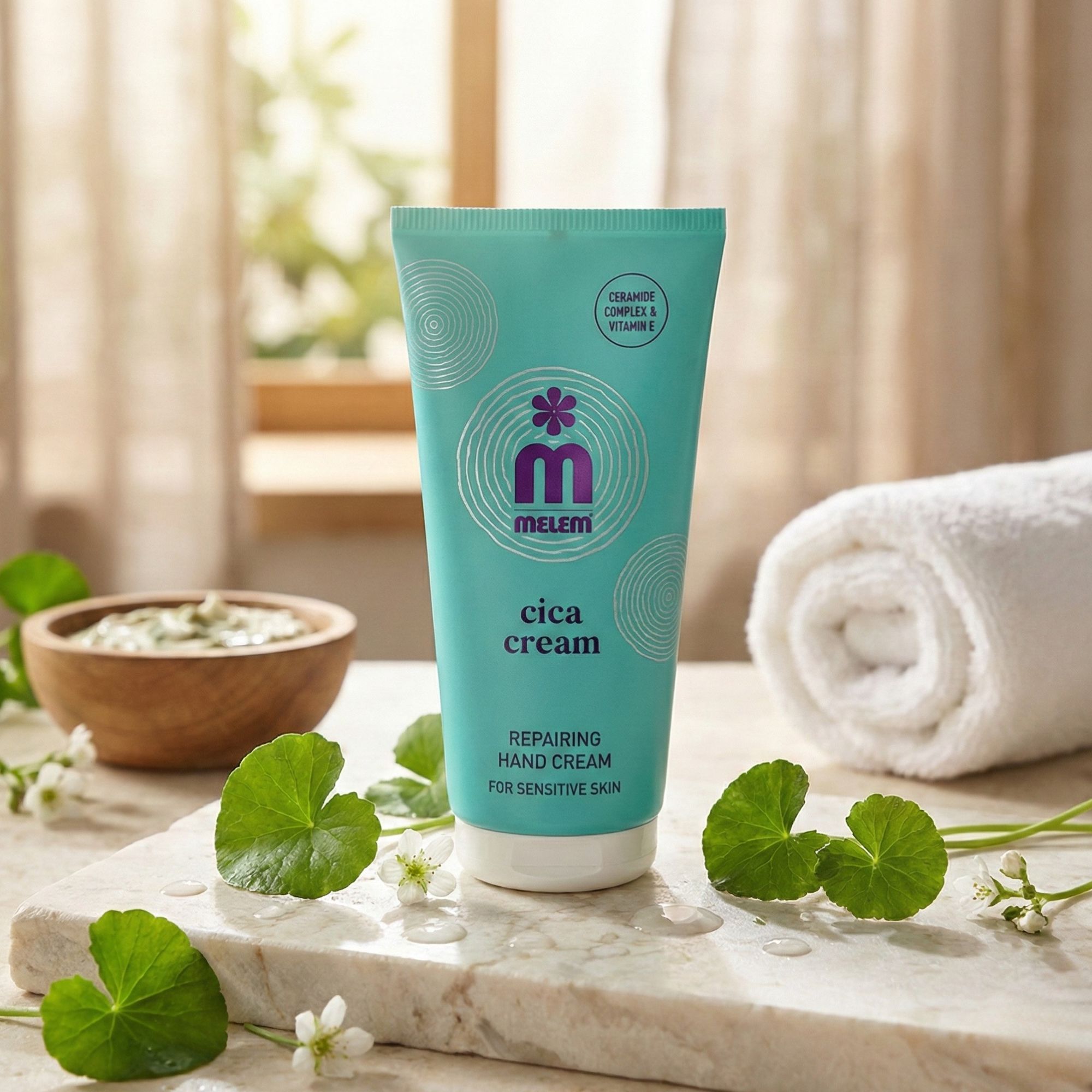 Türkise Tube mit Produktaufdruck. Aufschrift: Melem Cica Cream, Repairing Hand Cream. Neben einer Schale und einem Handtuch.