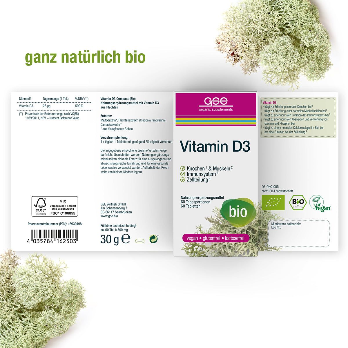 Geöffnete Verpackung von GSE Vitamin D3 Compact (Bio). Aufschrift: Vitamin D3, 60 Tabletten, bio, vegan, glutenfrei, laktosefrei.