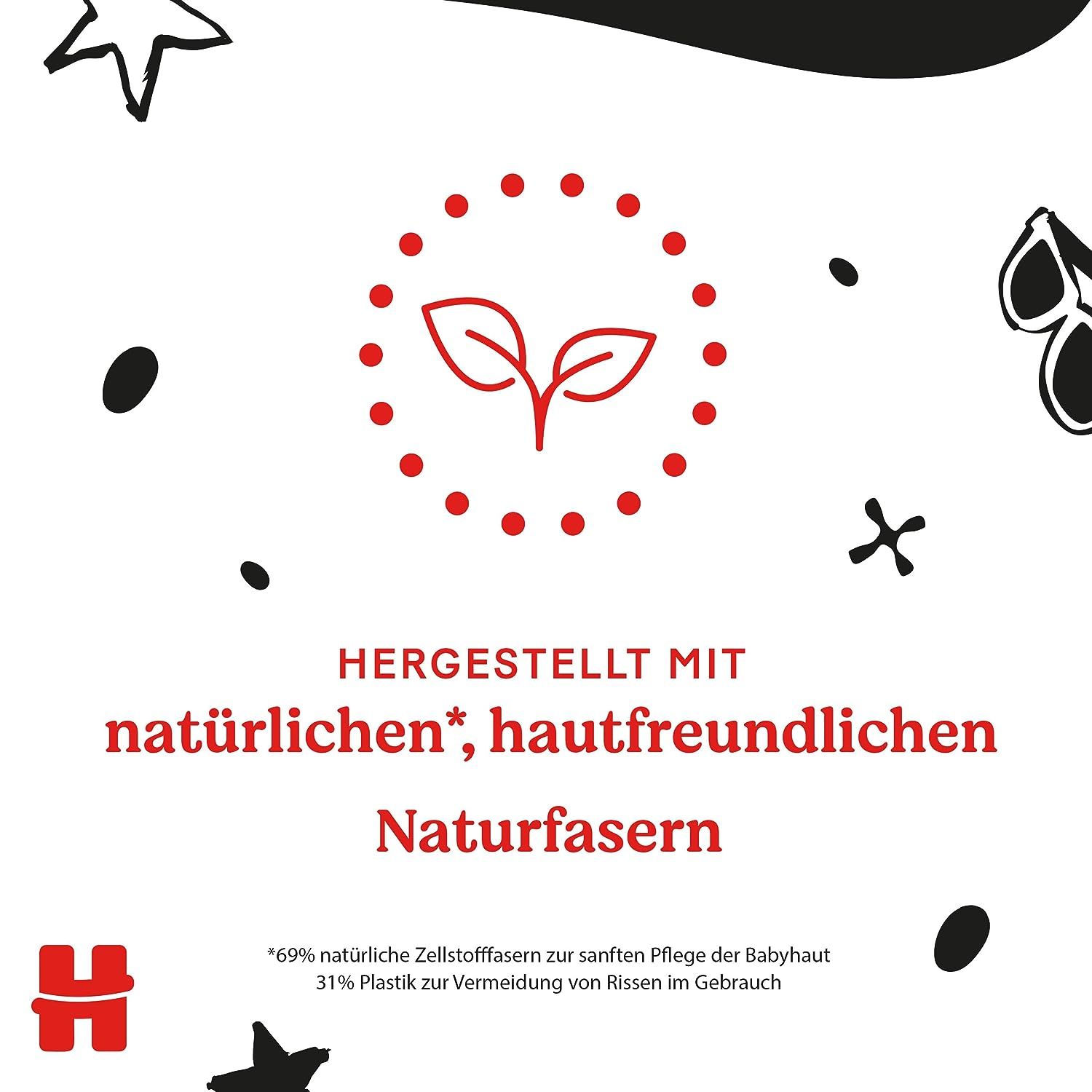 Text: „Hergestellt mit natürlichen, hautfreundlichen Naturfasern“. Grafik mit Blättern. Sterne und andere grafische Elemente. Roter Hintergrund.
