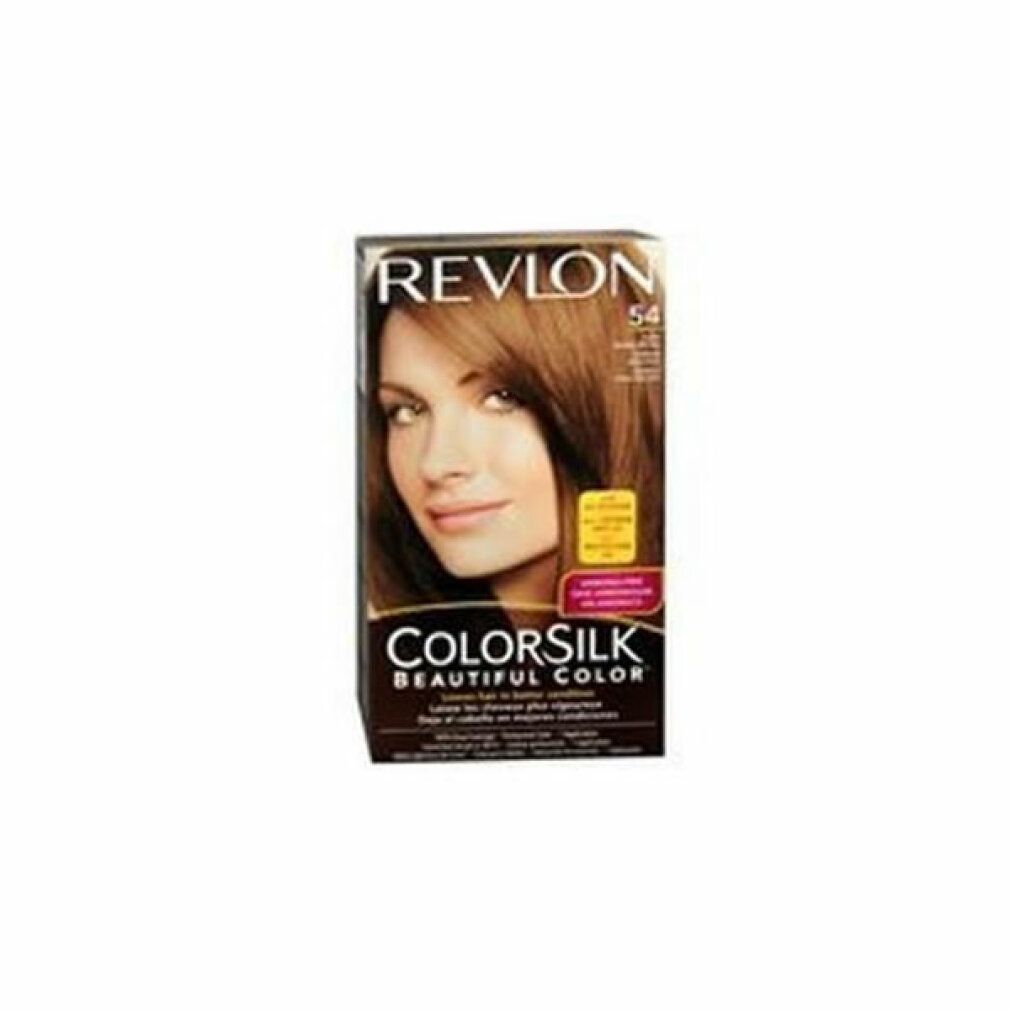 Revlon Colorsilk 54 Light Golden Brown. Karton mit Frau mit hellbraunem Haar. Produktname und Marke deutlich sichtbar.