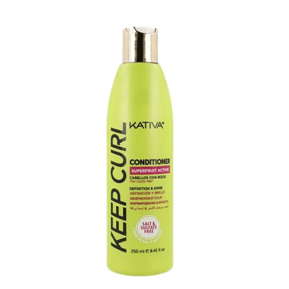 Grüne Flasche mit goldfarbenem Deckel. Aufschrift: Kativa Keep Curl Conditioner, Superfruit Active, für lockiges Haar. Enthält 250 ml.