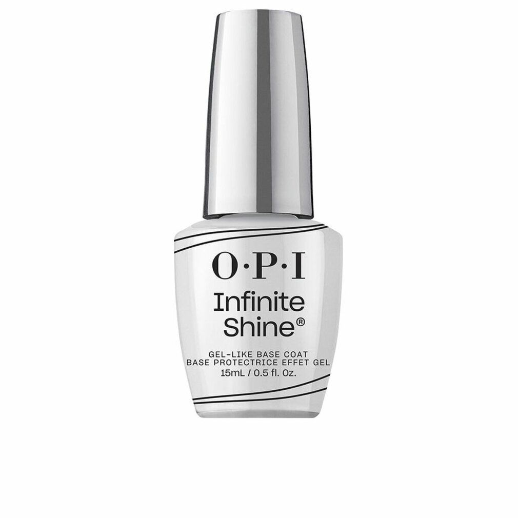 OPI Infinite Shine Base Coat. Flasche mit silbernem Deckel. Aufschrift: O.P.I, Infinite Shine, Gel-Like Base Coat.
