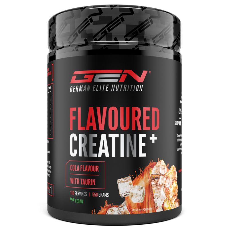Schwarze Dose mit roter Aufschrift. "Flavoured Creatine+" und "Cola Flavour". Marke: GEN German Elite Nutrition. 550 Gramm.