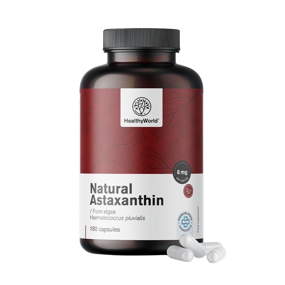 Braune Flasche mit Kapseln. Aufschrift: Natural Astaxanthin, 160 mg, 180 Kapseln. Marke: HealthyWorld.