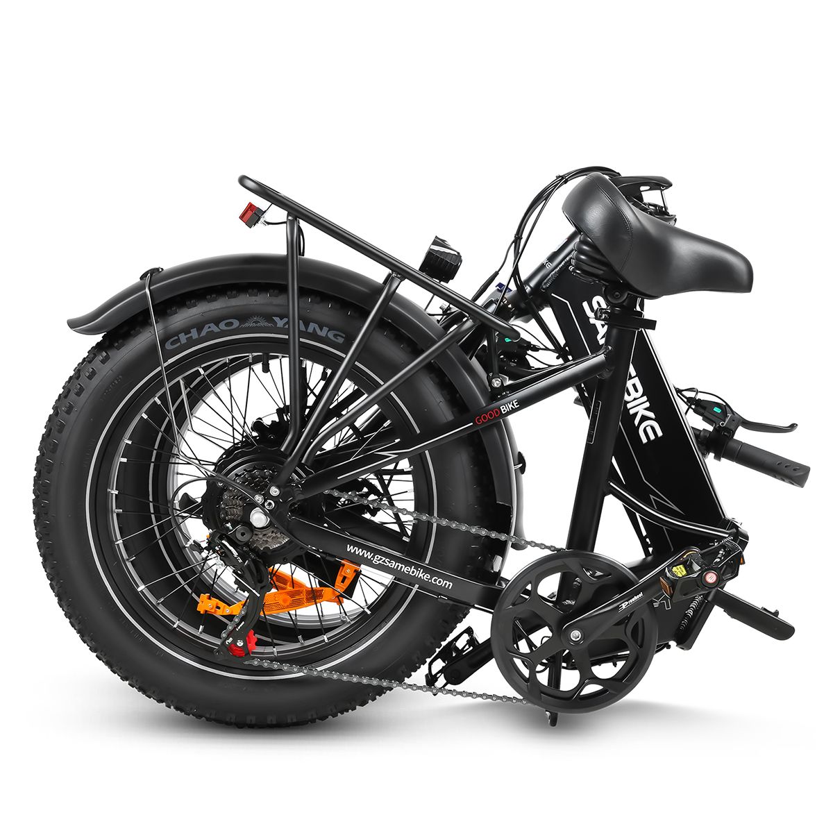 Gefaltetes E-Bike SAMEBIKE LOTDM200-II, schwarz. Kompakte Ansicht. Breitreifen, Gepäckträger, Sattel. Akku-Gehäuse.