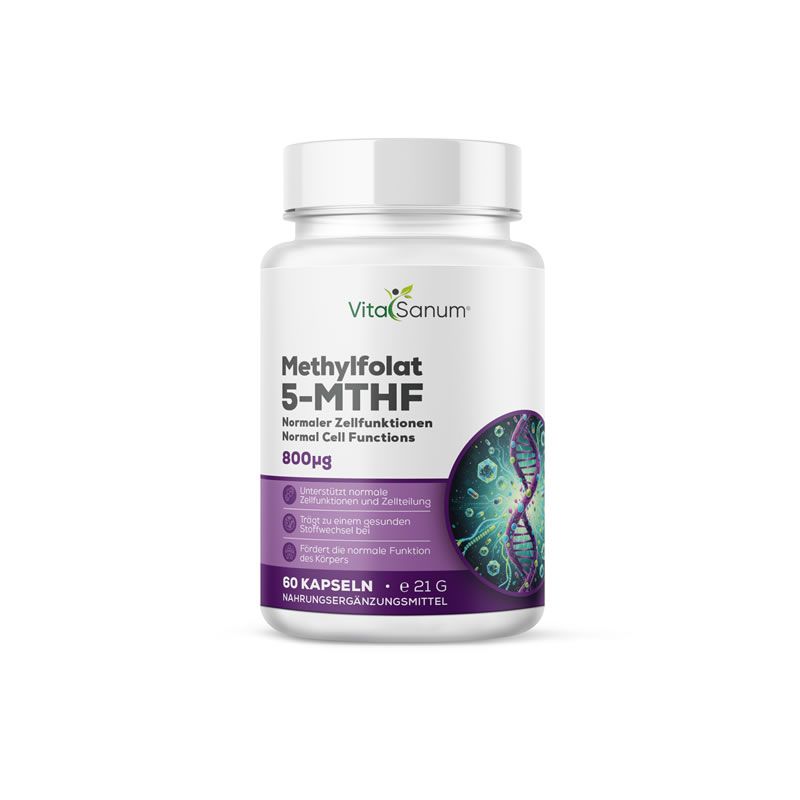 VitaSanum®-Flasche mit Methylfolat 5-MTHF-Kapseln. Weißes Plastikgefäß mit Etikett. Enthält 60 Kapseln.