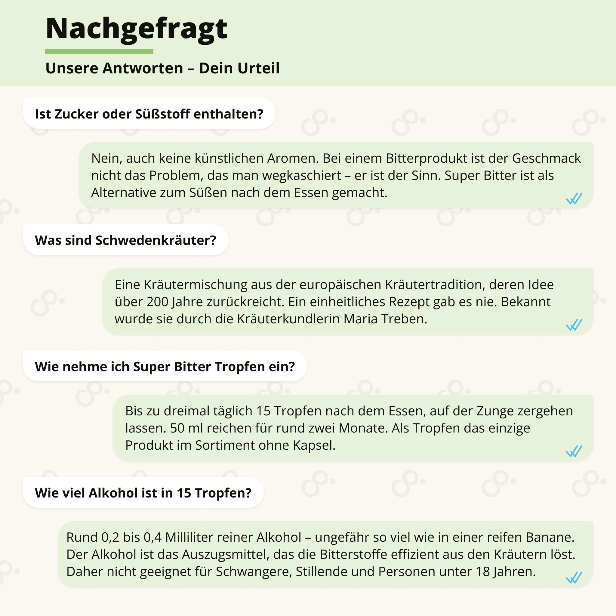 Flasche Super Bitter Tropfen mit Pipette. Liste von 7 Inhaltsstoffen und 0 Kompromissen.