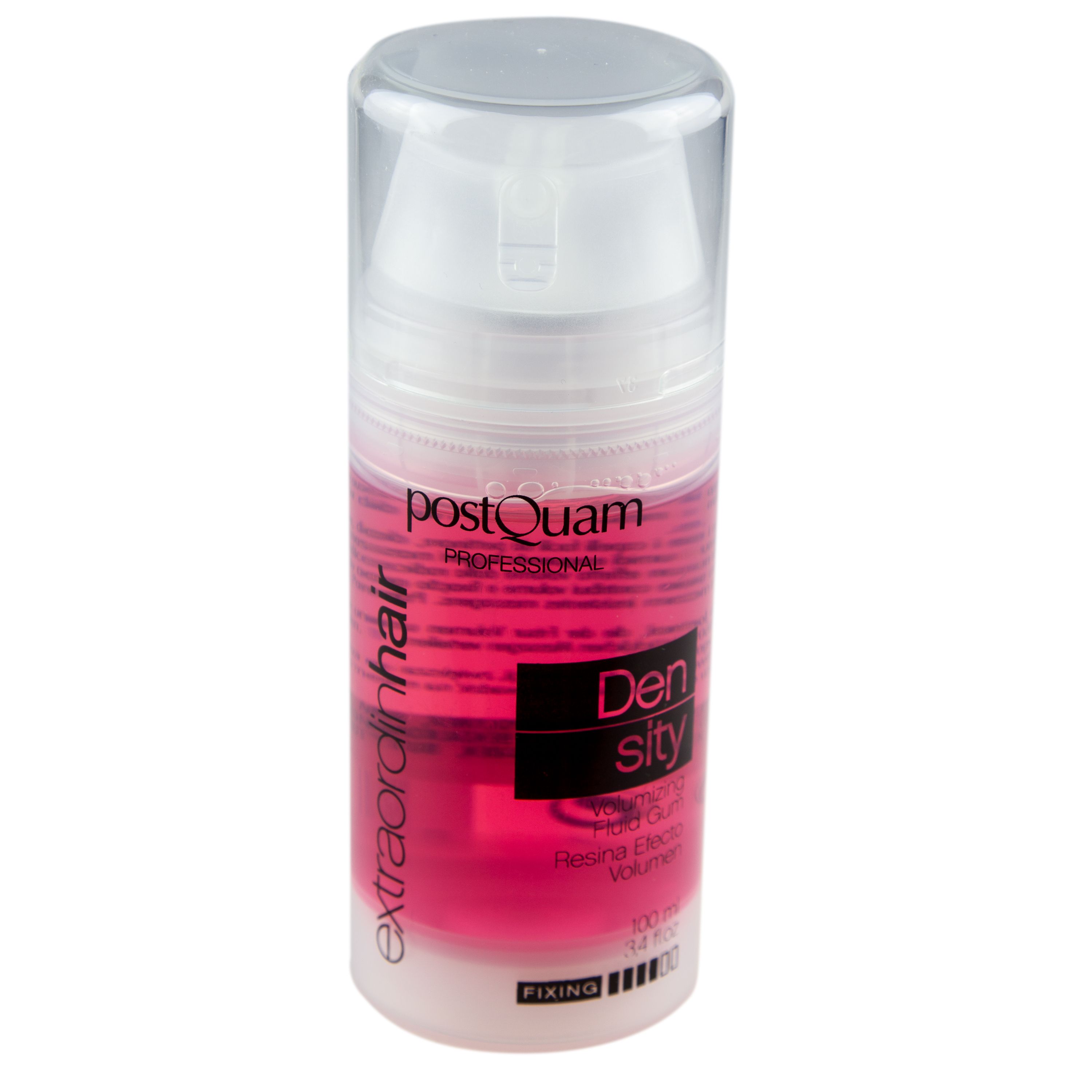 Zylindrische Flasche mit rosa Flüssigkeit. Aufschrift: Postquam, Extraordinhair, Density. Mit weißem Pumpkopf.
