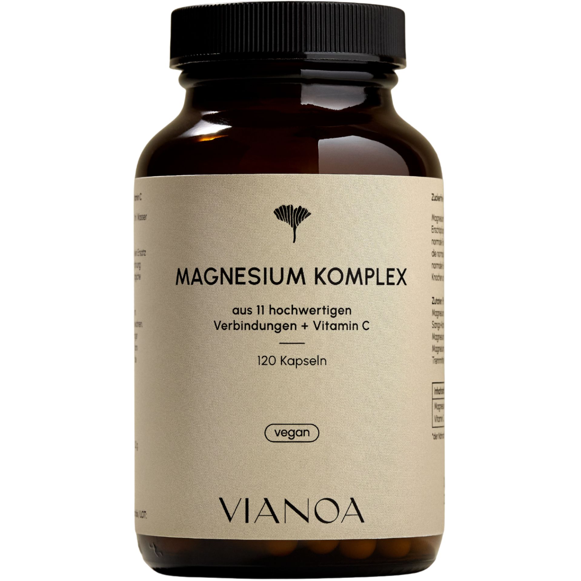 VIANOA Magnesium Komplex Flasche, Frontansicht. Braunes Glas, schwarzer Deckel, Etikett mit Produktnamen und veganem Siegel.