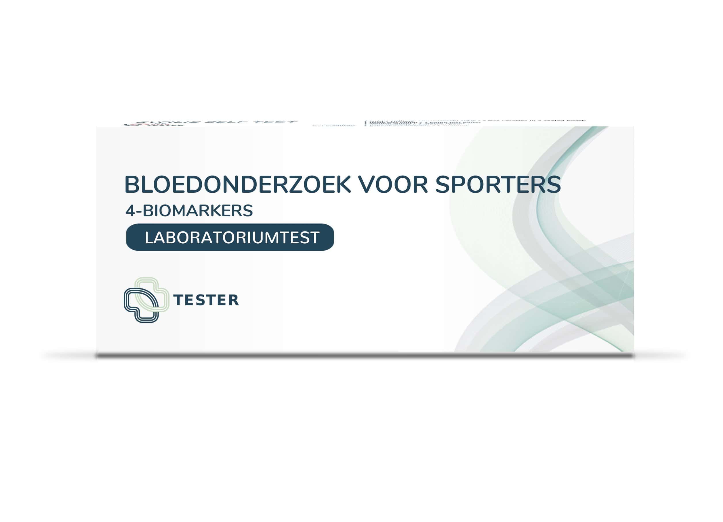 Verpackung eines Bluttests für Sportler mit 4 Biomarkern und der Bezeichnung 'Labor test'.