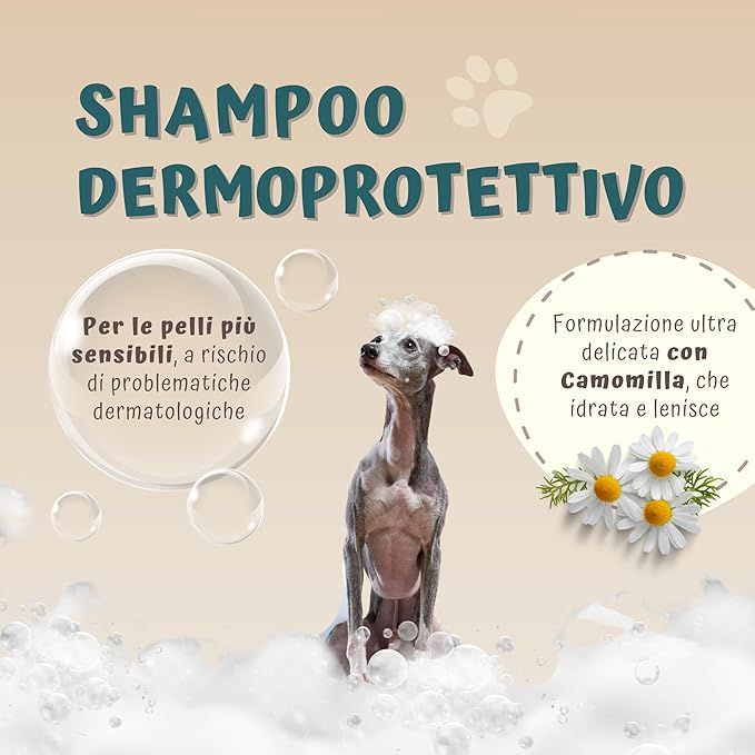 Werbebild mit Hund und Seifenblasen. Text: Shampoo dermoprotettivo. Für empfindliche Haut. Ultra-sanfte Formel mit Kamille, die hydratisiert und beruhigt.