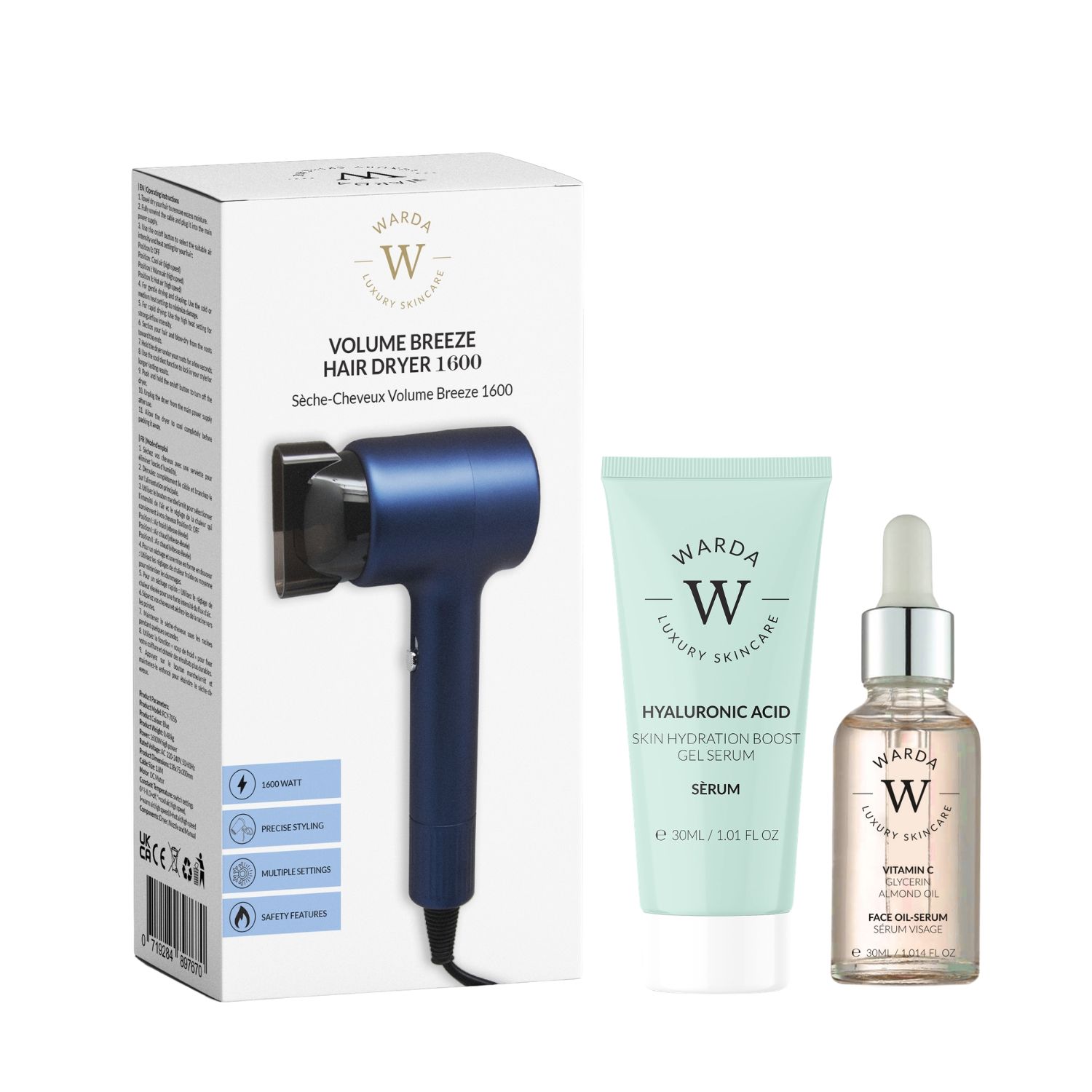 Haartrockner, Serum und Öl-Serum-Set. Verpackung mit Produktnamen. Türkisfarbenes Serum, Glasflasche mit Pipette.