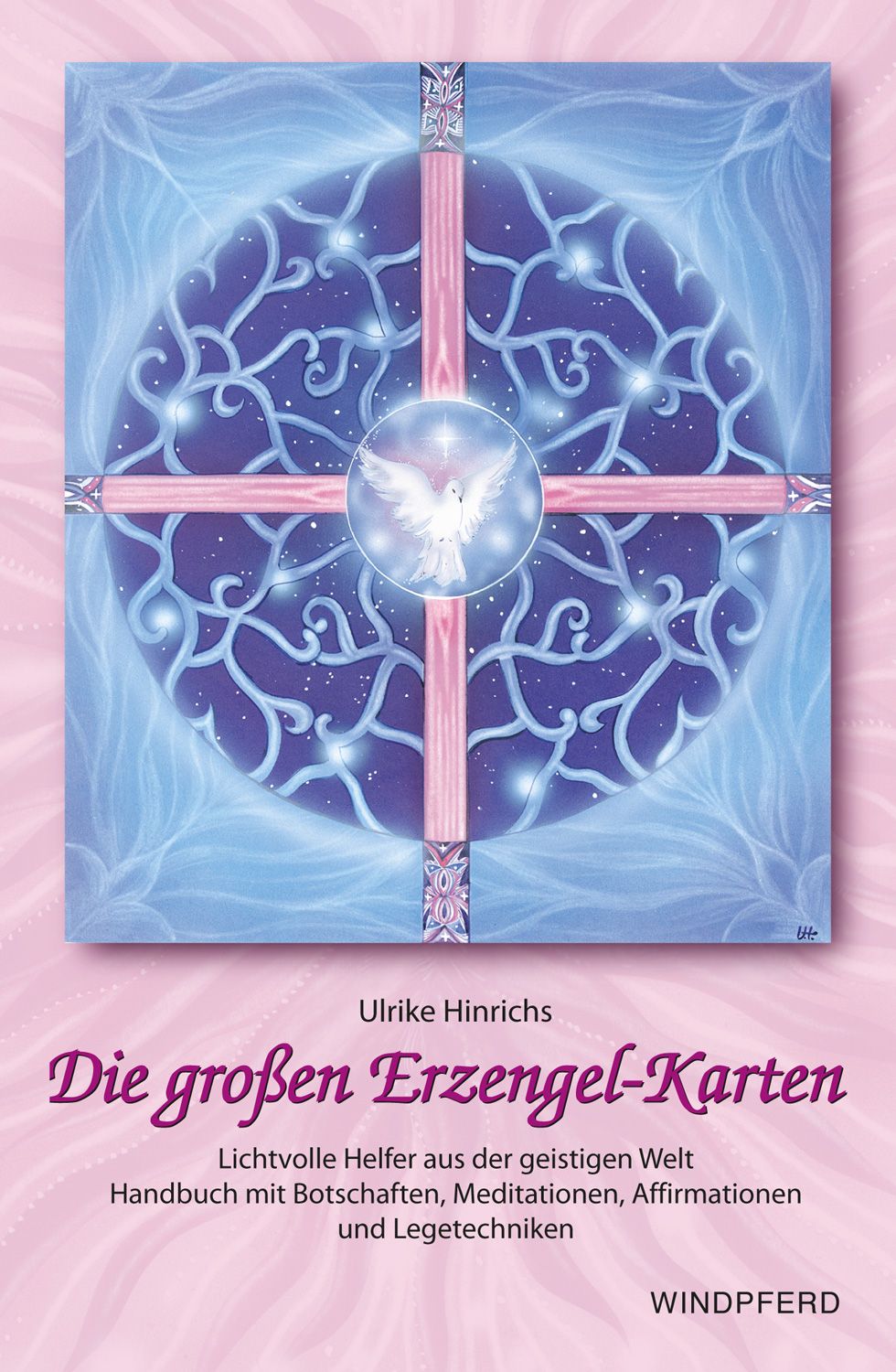 Buchcover mit Titel "Die großen Erzengel-Karten". Darstellung eines Engels, umgeben von einem blauen Hintergrund mit Sternen und Ornamenten.