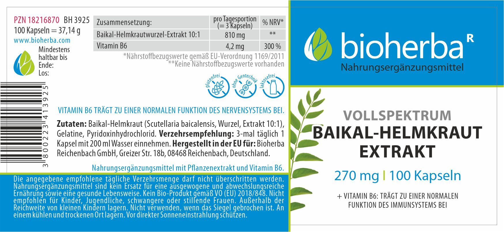 Etikett mit Produktinformationen. Text: Bioherba, Vollspektrum Baikal-Helmkraut Extrakt, 270 mg, 100 Kapseln. Enthält Vitamin B6.