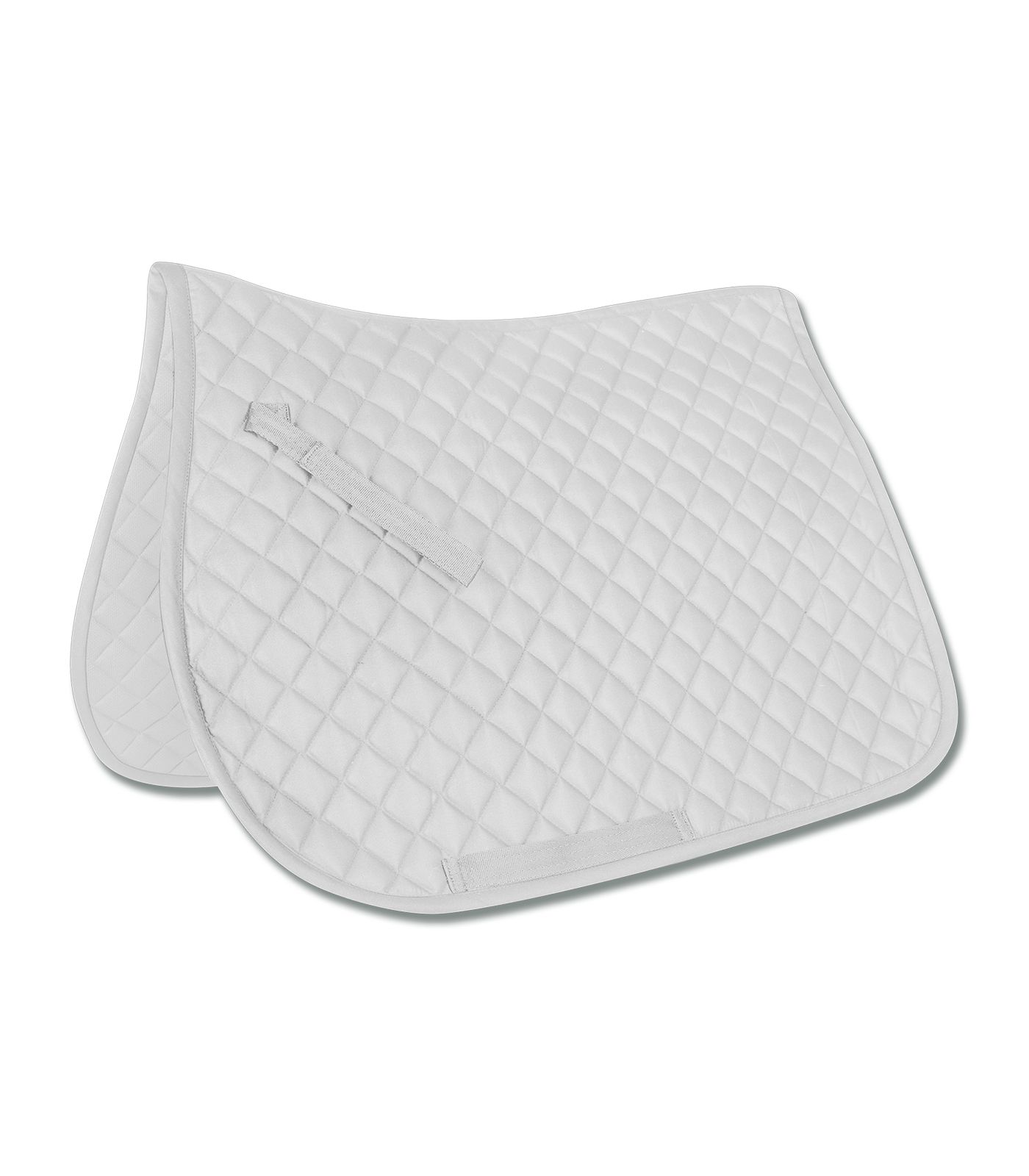 Weiße Satteldecke mit Steppung. Rechteckige Form mit Schlaufen und Gurten. Für Pferde.