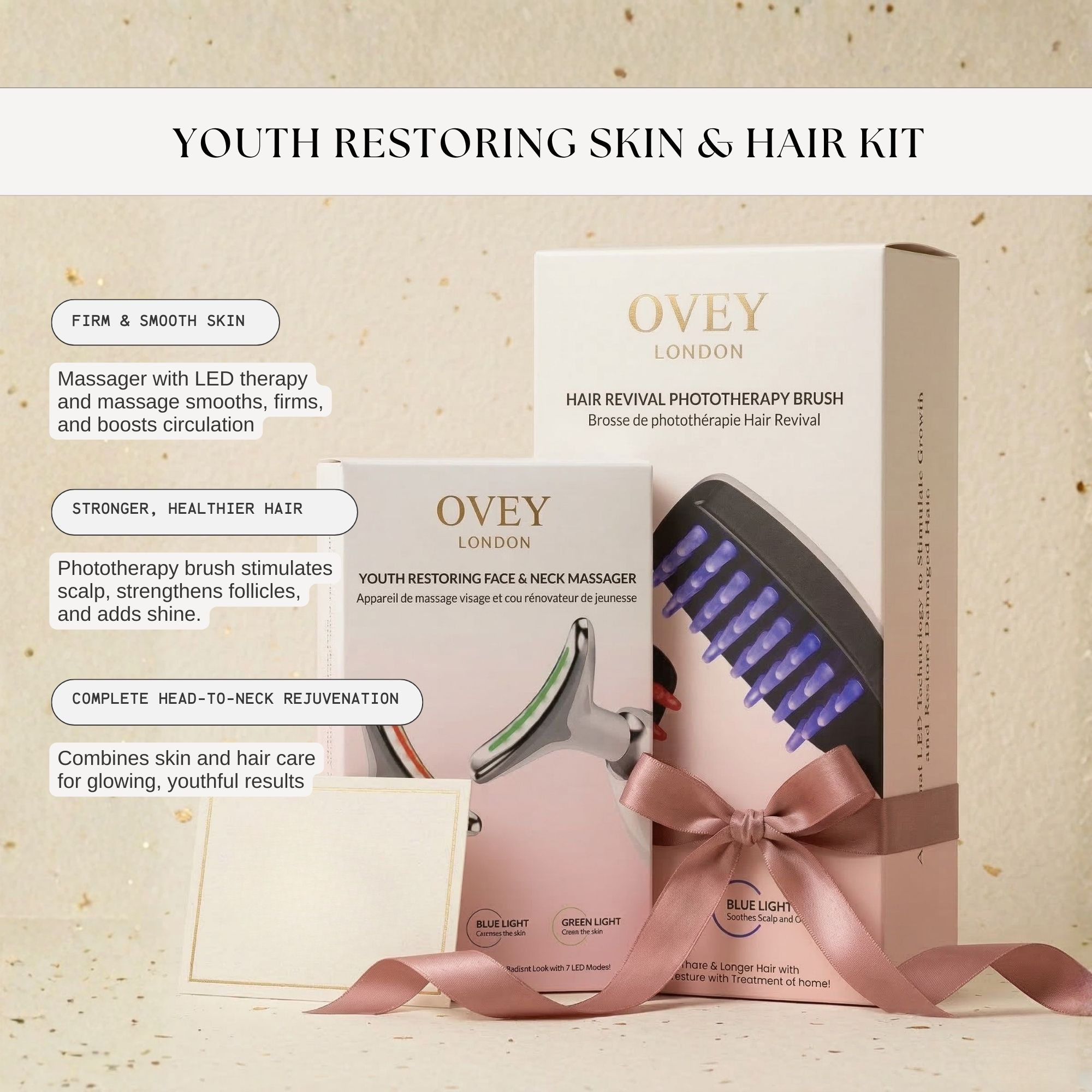 Produkt-Set mit Massagegerät und Haarbürste in einer Box. Text: OVEY LONDON. Rosa Schleife. Textfelder mit Produktinformationen.