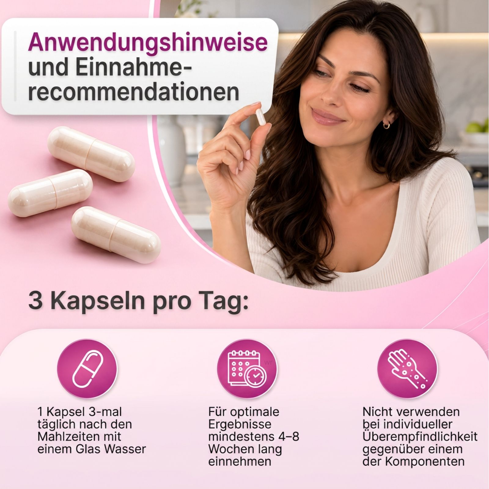 Frau mit Geberich VenaRix Kapseln, Anwendungshinweise: 3 Kapseln täglich.