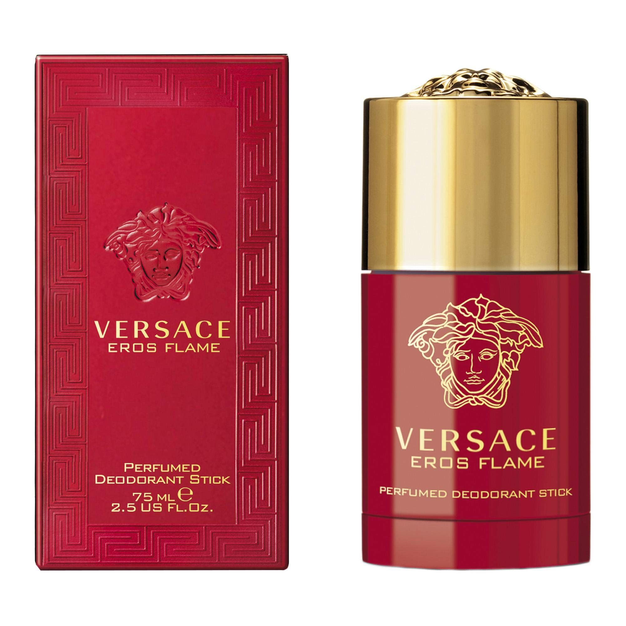 Roter Deostift und Verpackung. Aufschrift: Versace Eros Flame. Parfümierter Deostift. 75 ml.