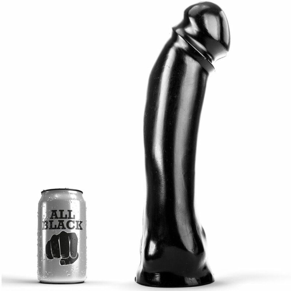 Schwarzer Dildo neben einer Dose mit dem Aufdruck 'ALL BLACK'. Gebogene Form.