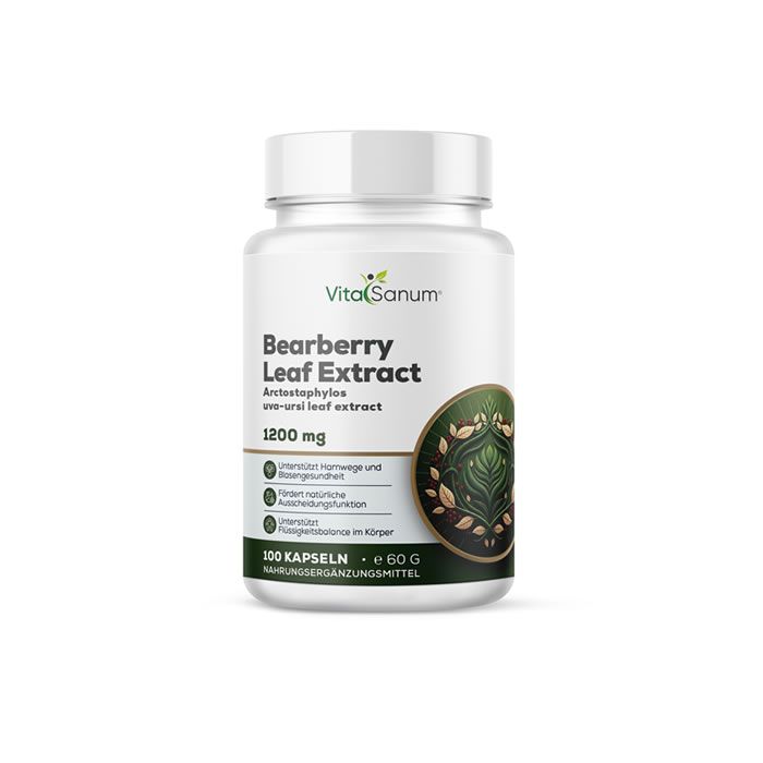 Weißes Pillenbehälter mit VitaSanum®-Etikett. Aufschrift: Bearberry Leaf Extract, 1200 mg. 100 Kapseln.