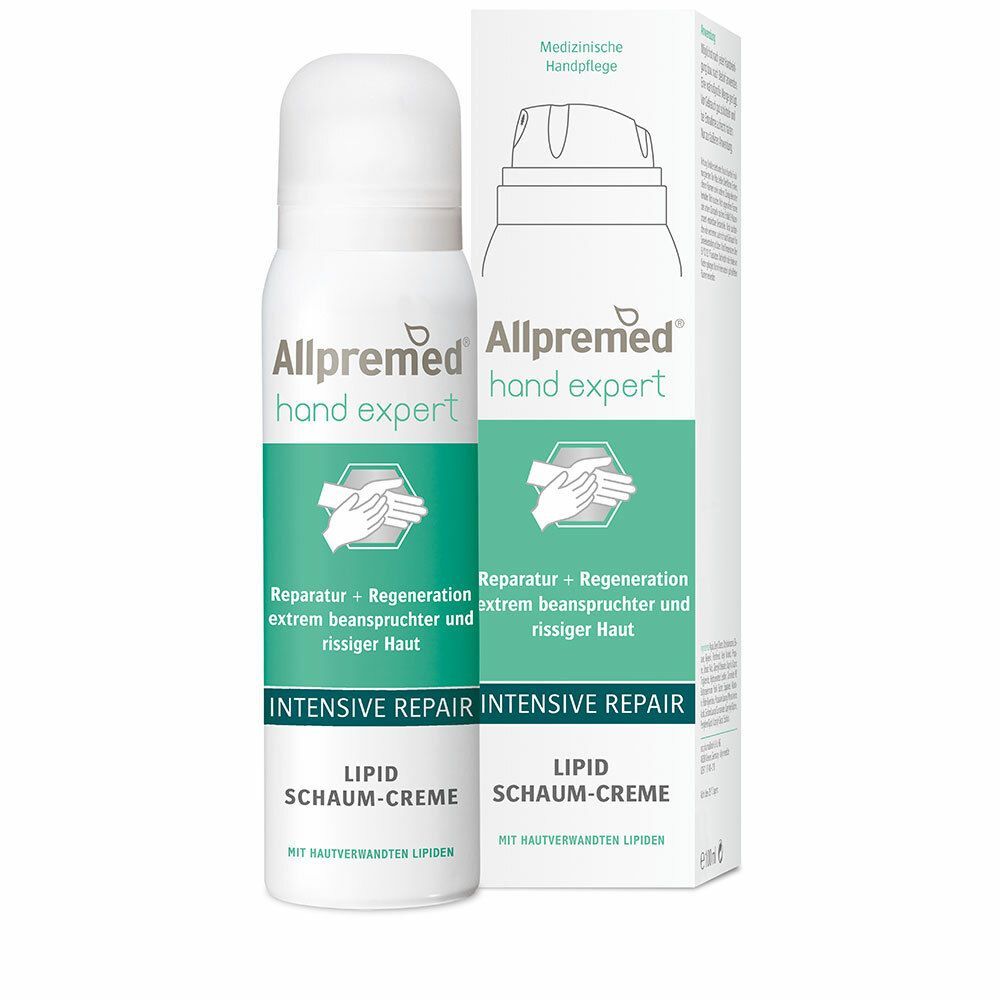Weiße Sprühflasche und Karton mit Produktaufdruck. Aufschrift: Allpremed hand expert, INTENSIVE REPAIR, Lipid Schaum-Creme.