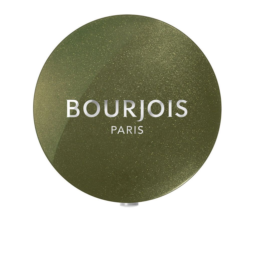 Runder, geschlossener Lidschattenbehälter. Auf dem Deckel steht in Silber „BOURJOIS PARIS“. Khaki-farbener Deckel.