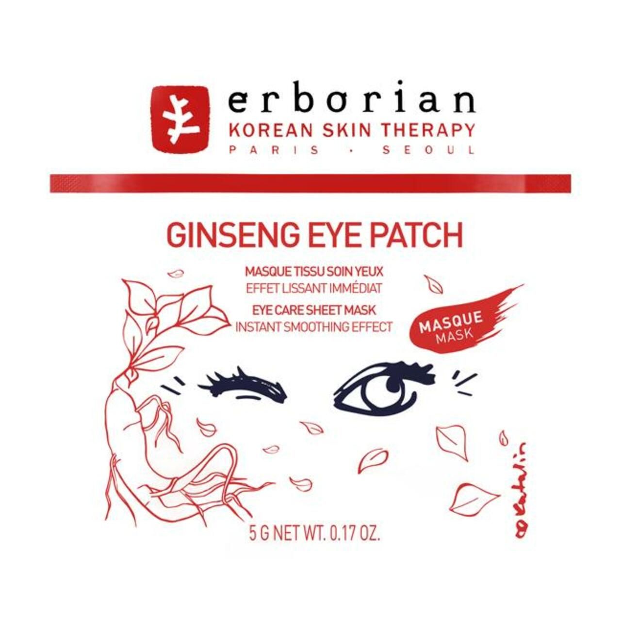 Weiße Verpackung mit roter Schrift. Enthält Ginseng Eye Patch. Marke: Erborian. Text: Korean Skin Therapy, Paris, Seoul. 5 g Netto.