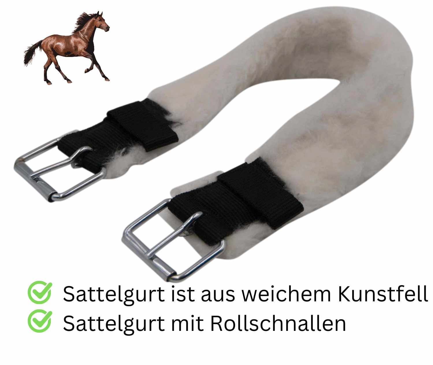 Sattelgurt aus Kunstfell mit Rollschnallen. Text: Sattelgurt ist aus weichem Kunstfell.