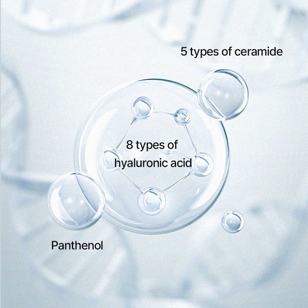 Grafik mit Text: 5 Arten Ceramide, 8 Arten Hyaluronsäure, Panthenol. Blasen-Design.