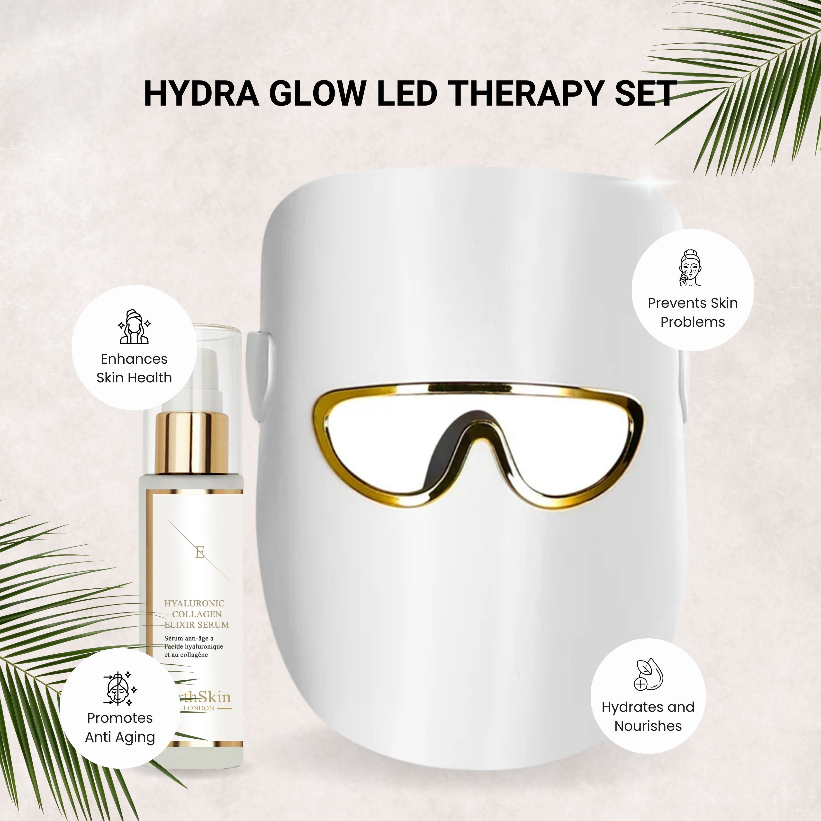 Weißes LED-Gesichtsmaske mit goldenen Akzenten und Serumflasche. Text: Hydra Glow LED Therapy Set, ErthSkin.