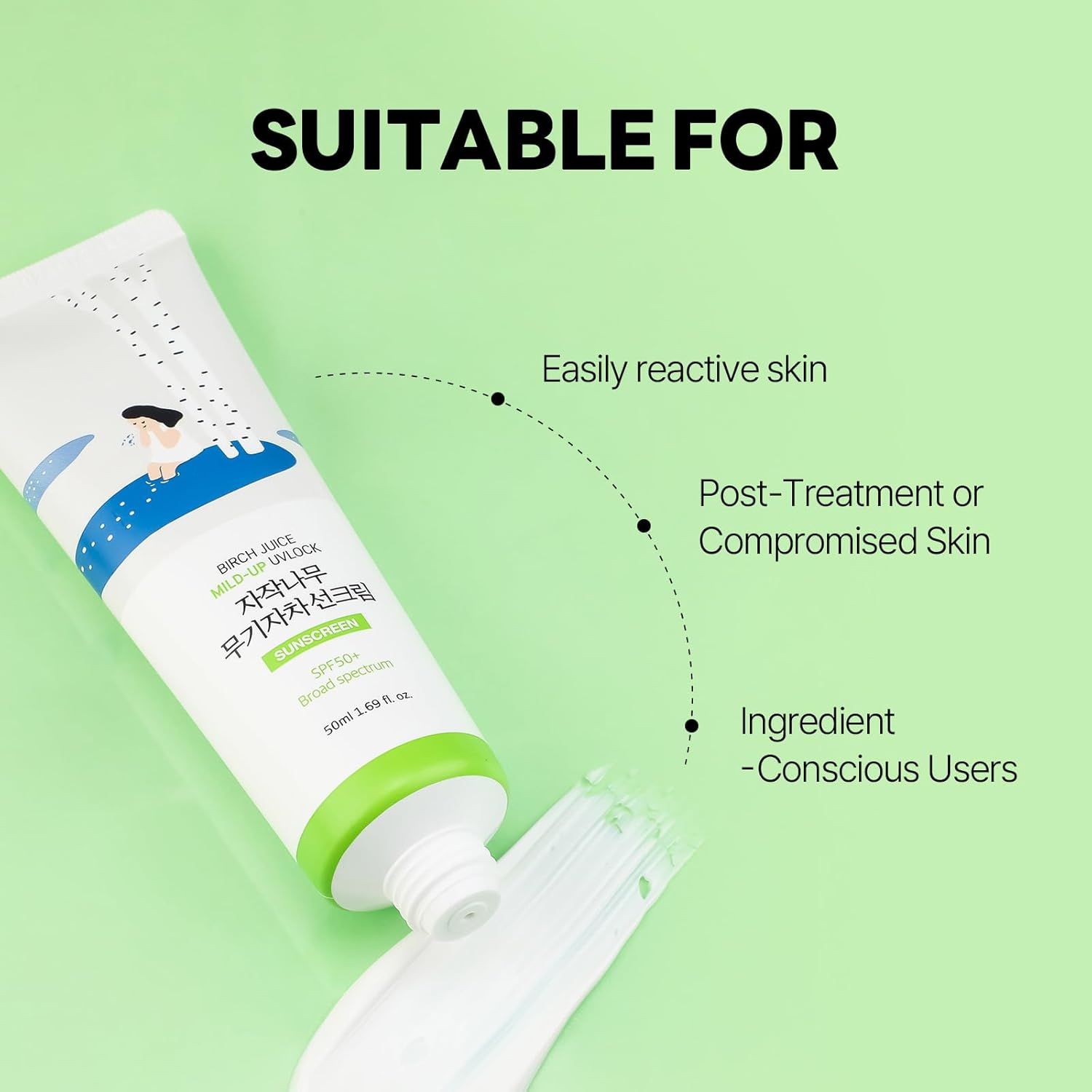 Tube mit Creme. Text: Geeignet für: leicht reaktive Haut, nach Behandlung, bewusste Anwender.