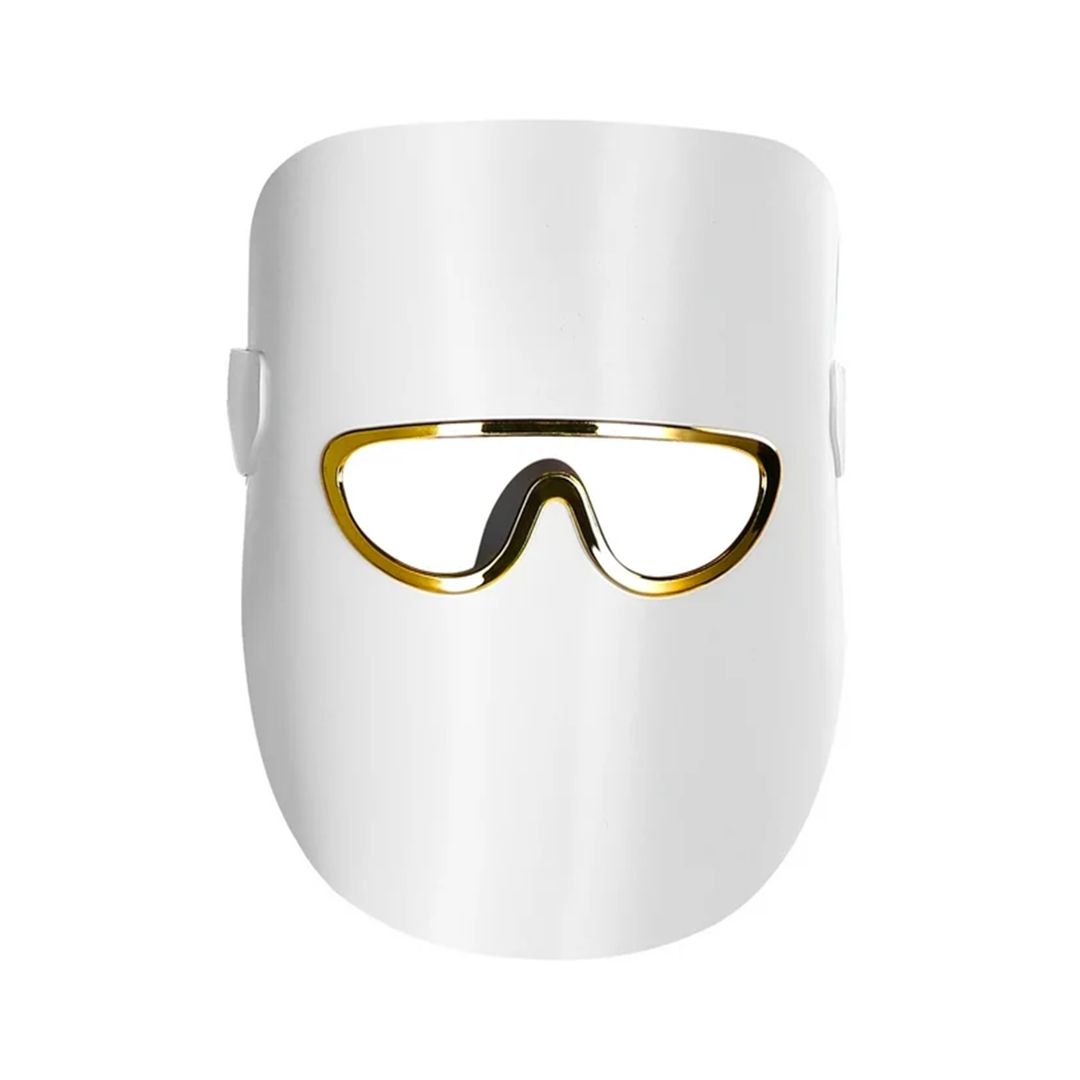 Weiße LED-Lichttherapie-Maske mit goldenem Rahmen um die Augenpartie.