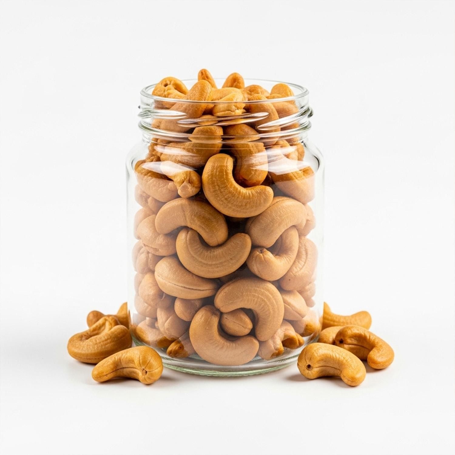 Cashewkerne in einem Glasgefäß mit weißem Hintergrund.
