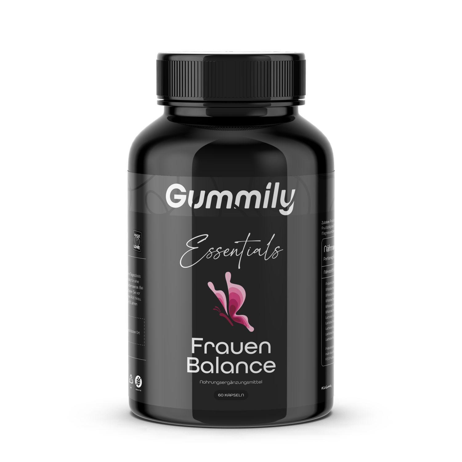 Schwarze Flasche mit Gummily Essentials Frauen Balance Probiotika Kapseln. Aufschrift: Frauen Balance. 60 Kapseln.