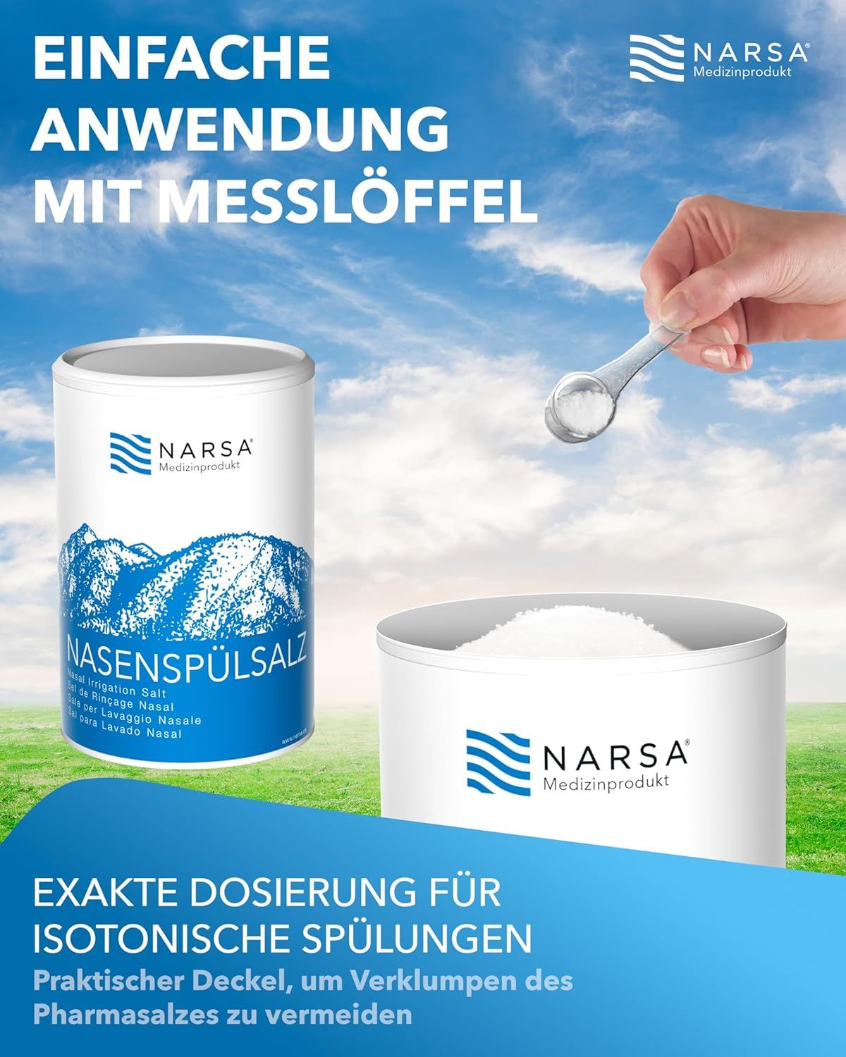 NARSA Nasenspülsalz Dose mit Messlöffel zur einfachen Anwendung und exakten Dosierung.