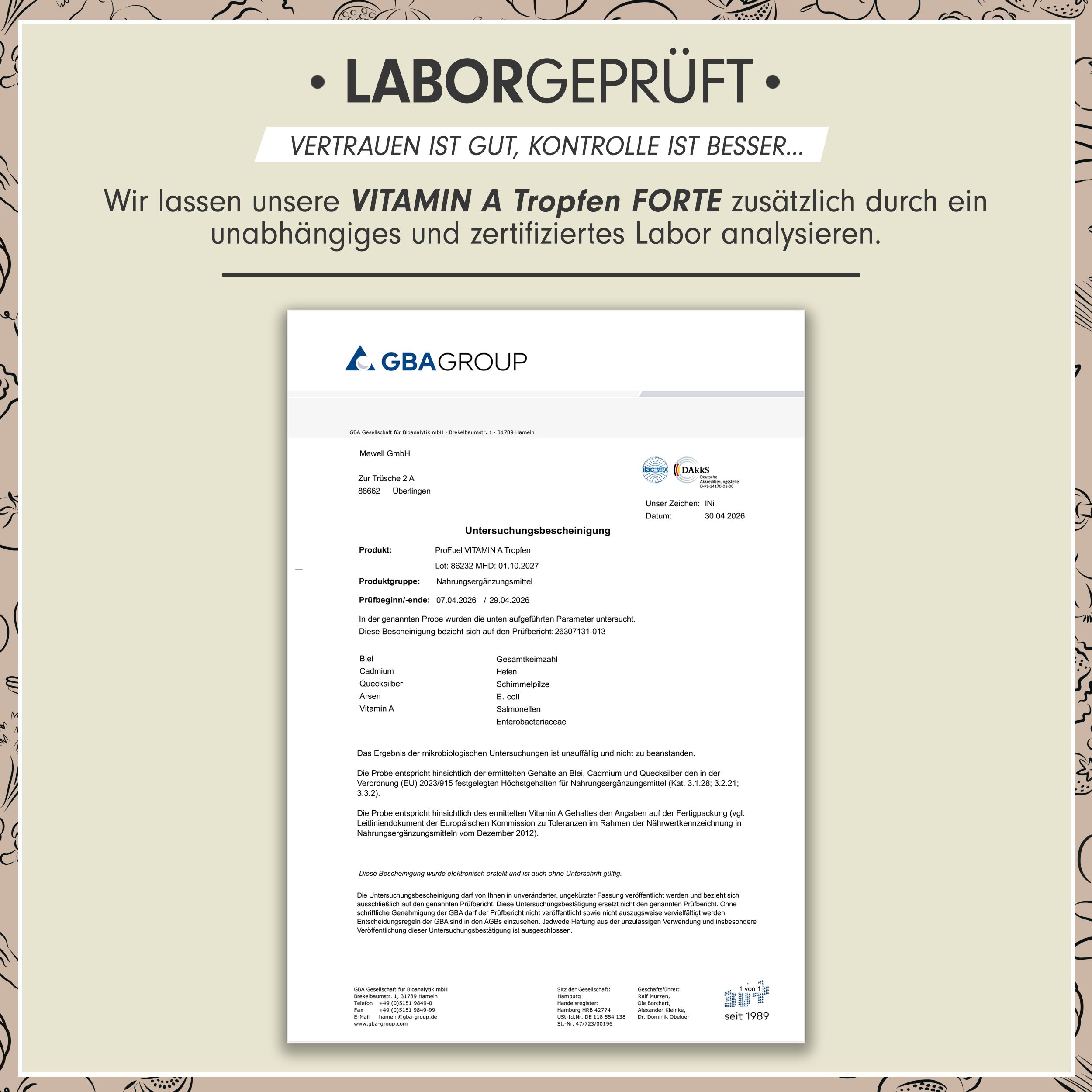 Laborbericht für Pro Fuel Vitamin A Tropfen Forte.
