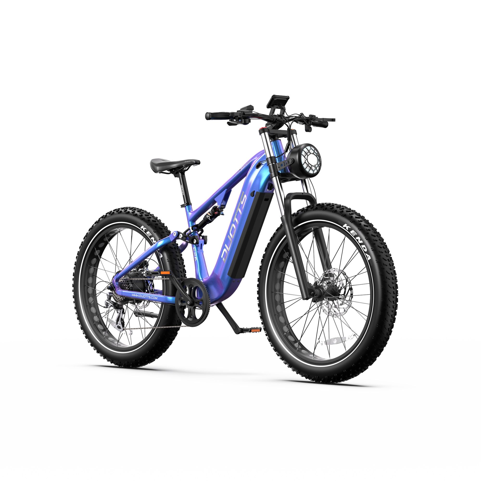 Elektro-Mountainbike mit Farbverlauf. Schwarze Reifen, Sattel und Lenker. DUOTTS-Logo am Rahmen. Scheinwerfer.
