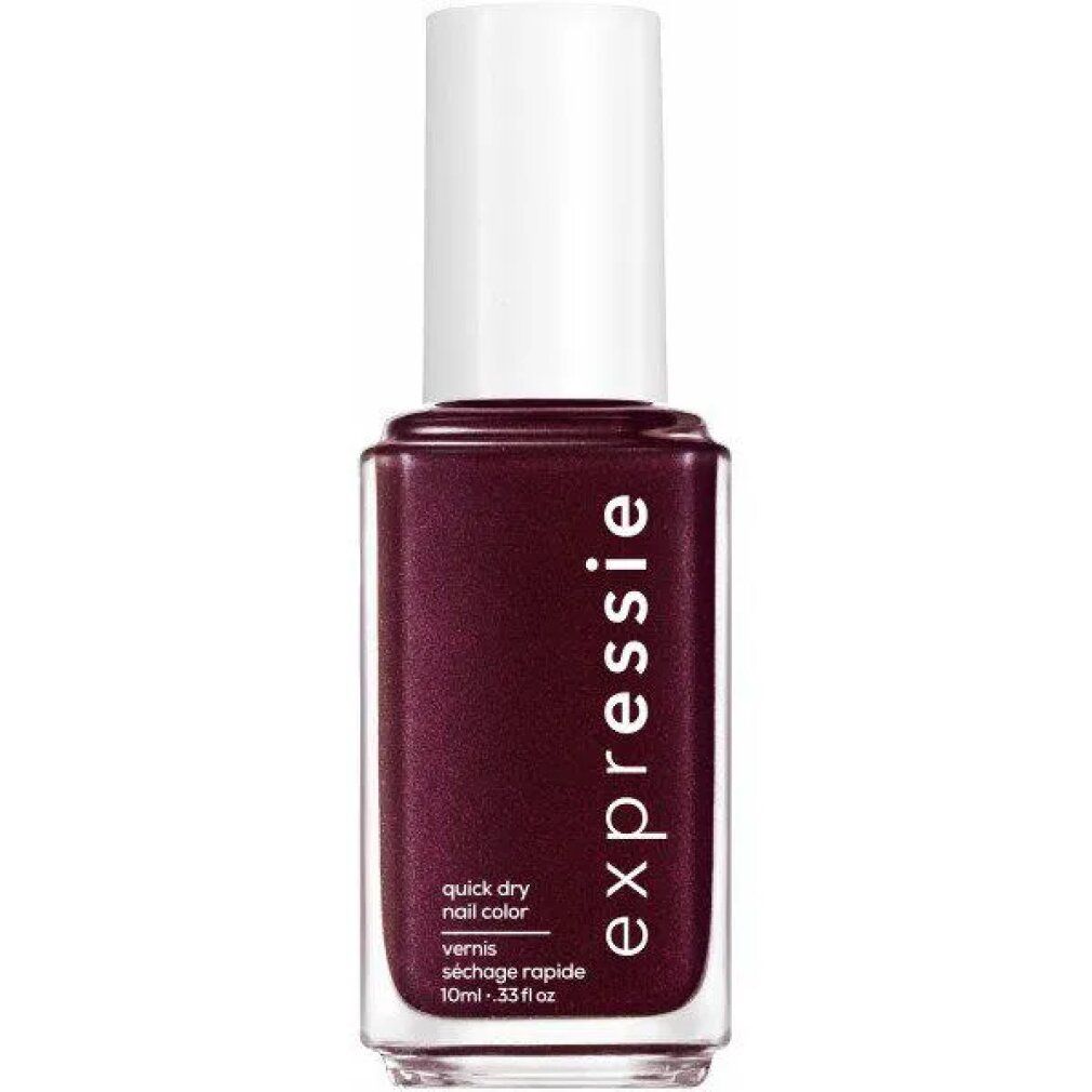 Nagellack-Flakon mit weißem Deckel. Aufschrift: expressie. Farbe: dunkles Rot. Text: quick dry nail color, vernis séchage rapide, 10ml - .33 fl oz.