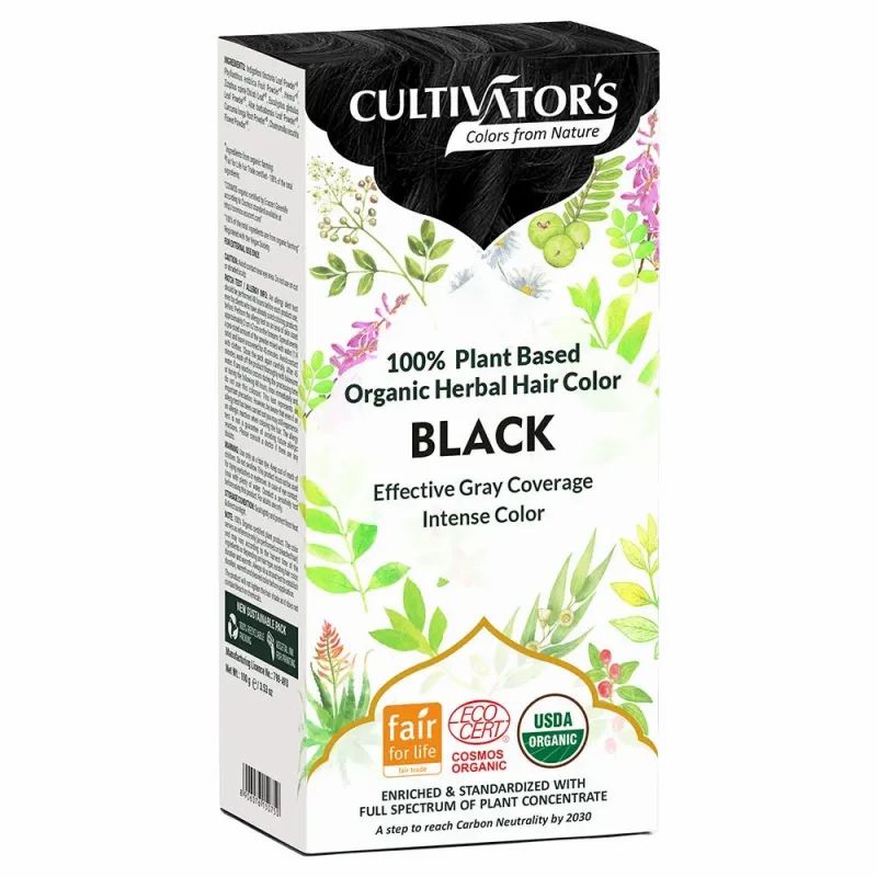 Verpackung von CULTIVATOR'S Pflanzenhaarfarbe Schwarz. Enthält Logos für Fair for Life, COSMOS ORGANIC und USDA ORGANIC. Text: 100% pflanzlich, wirksame Grauabdeckung.