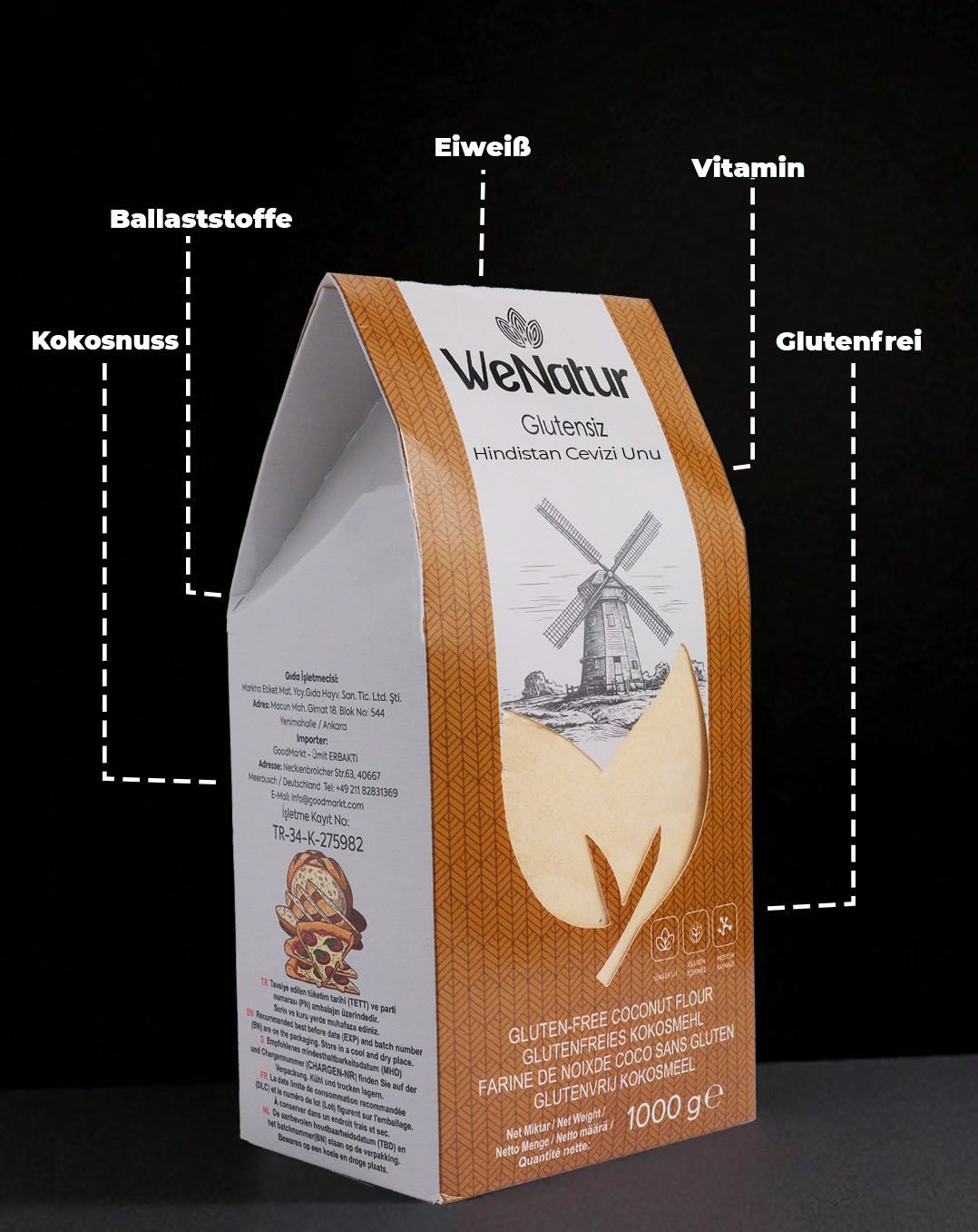 Seitenansicht einer Packung glutenfreies Kokosmehl mit Produktinformationen und Siegeln.