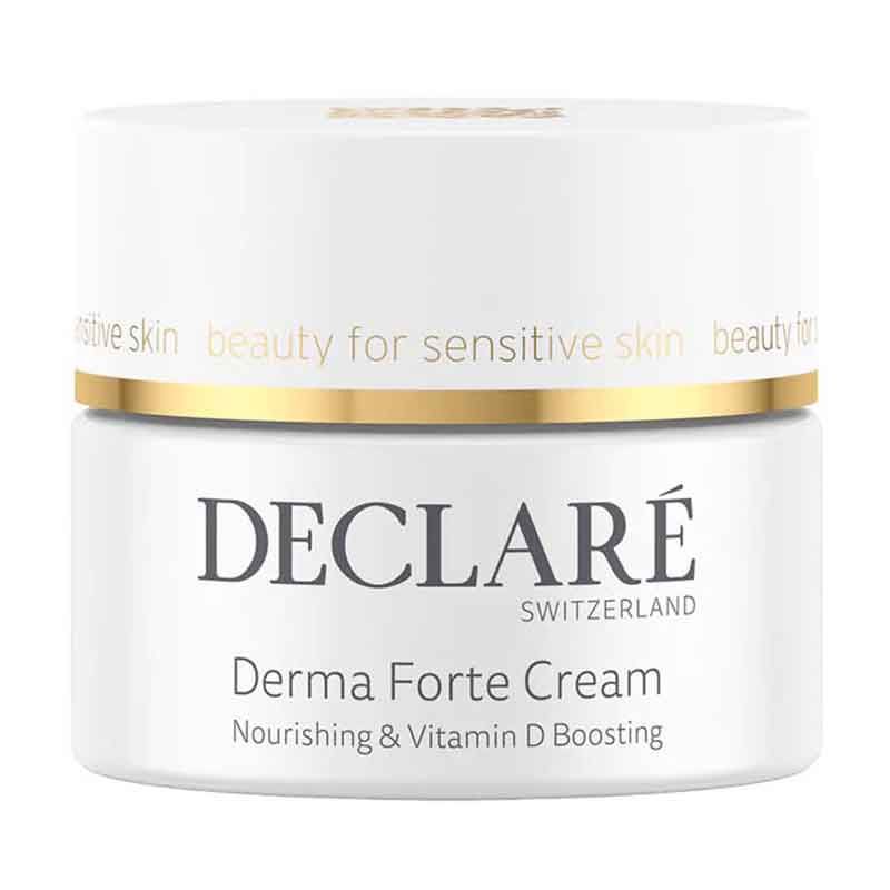 Weißer Tiegel mit goldfarbenem Deckel. Beschriftung: DECLARÉ SWITZERLAND, Derma Forte Cream, Nourishing & Vitamin D Boosting.
