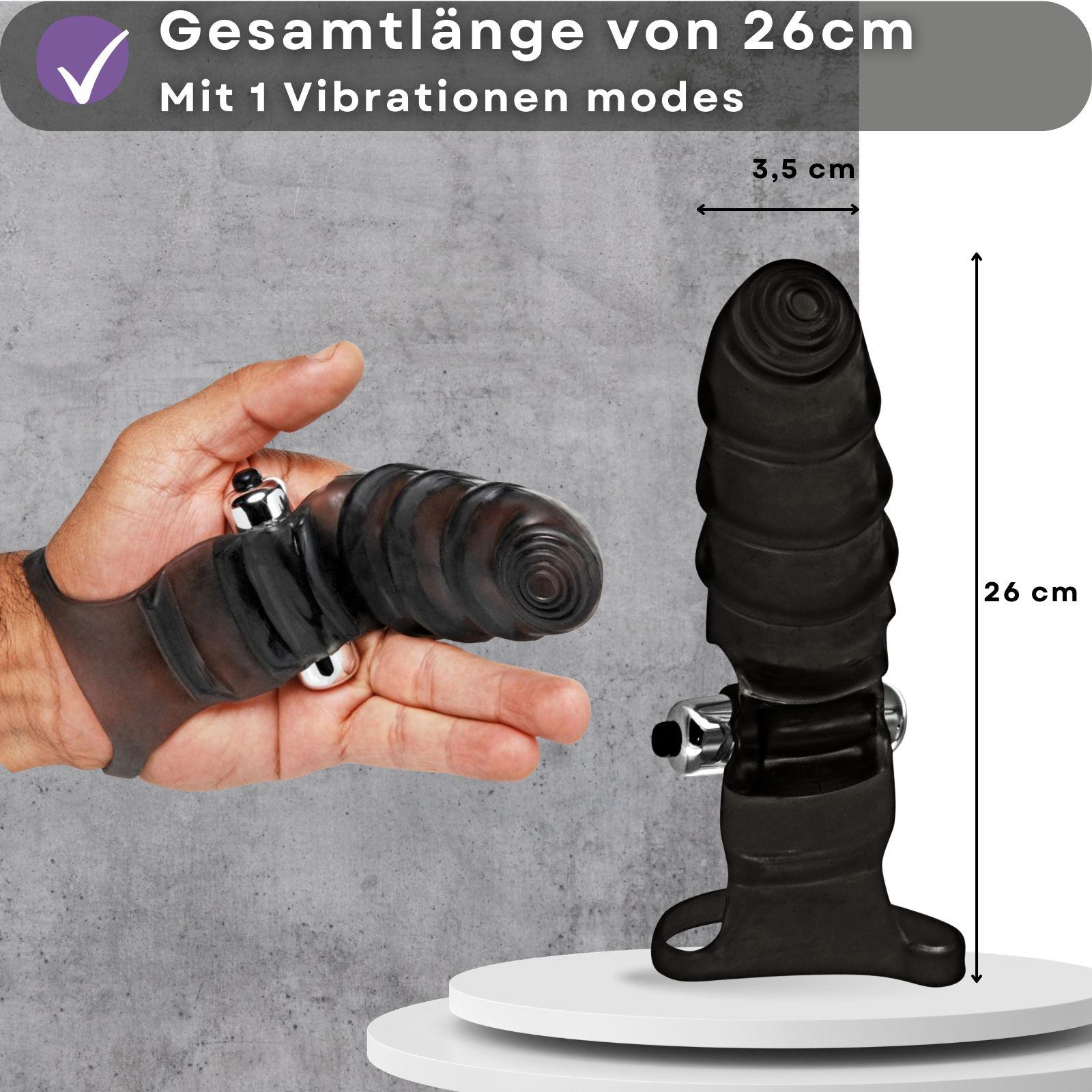 Schwarzer Finger-Vibrator aus Silikon. Geriffelte Oberfläche, metallische Akzente. Maße: 26cm lang, 3,5cm Durchmesser.