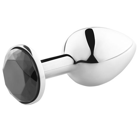 Analplug aus Metall mit schwarzem Kristall. Tropfenförmiger Schaft, runder Griff mit Kristall. Glänzende Oberfläche.