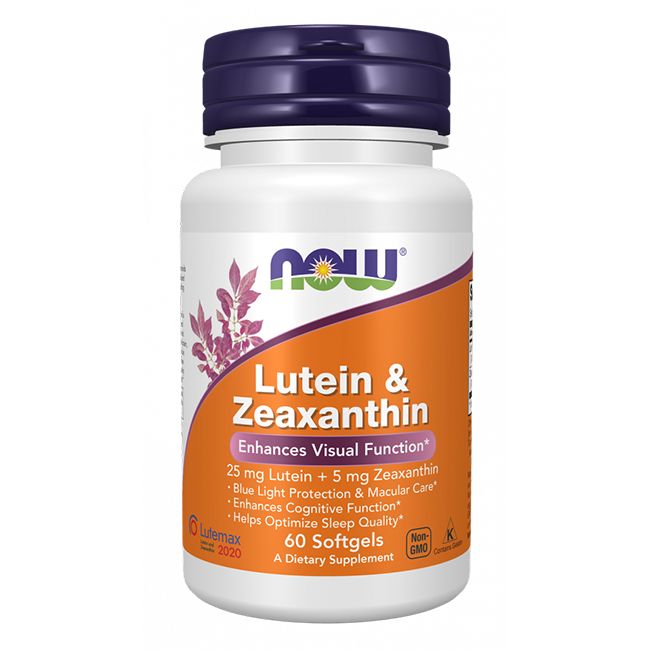 Weiße Flasche mit lila Deckel. Aufkleber mit Produktname: Lutein & Zeaxanthin. Marke: Now. Enthält 60 Softgels. Fördert die Sehfunktion.