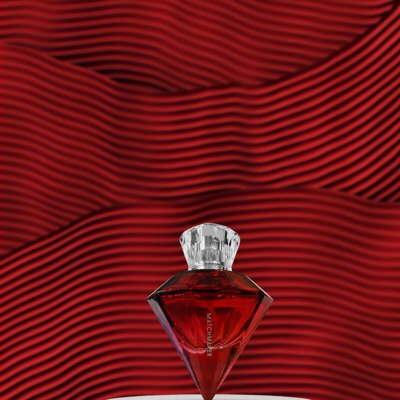 Roter Diamant-förmiger Parfümflakon auf einem Hintergrund mit roten Wellenmustern.