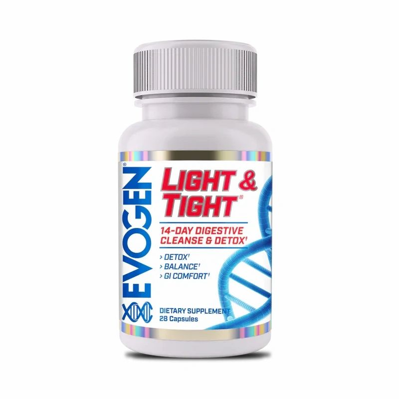 Weiße Flasche mit Kapseln. Aufschrift: Evogen Light & Tight, 14-Tage-Verdauungsreinigung & Detox. Enthält 28 Kapseln. Mit blauem DNA-Design.