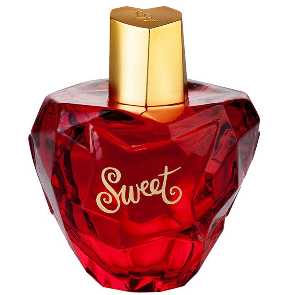 Roter Flakon in Herzform mit goldener Kappe. Aufschrift "Sweet".