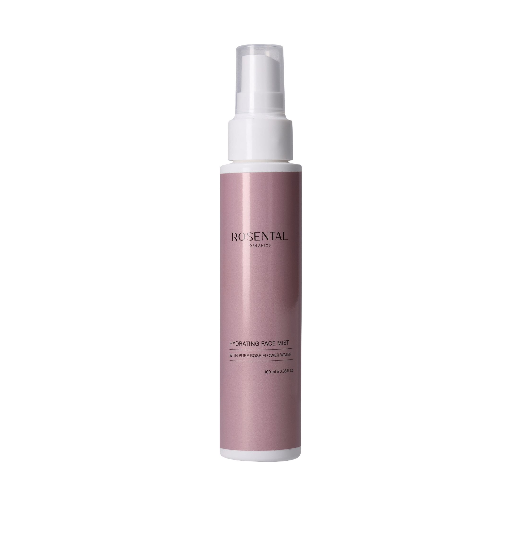 Rosental Organics Hydrating Face Mist Flasche. Rosa Etikett mit weißem Sprühkopf. Text: Hydrating Face Mist.